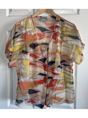 MAEVE Button Up Top Silk L Sheer Geometric Short Sleeve Multicolor Anthropologie